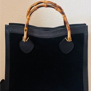 Gucci Diana Bamboo Handle Tote Black Suede Leather Vintage Italy